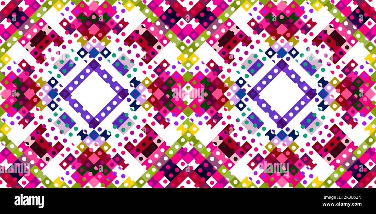 Whimsical geometric pixel pattern. Playful fun kaleidoscopic pink ...
