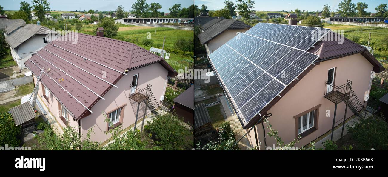 Collage of photos of installation and ready solar panels on the roof of house. Before and after concept. Modern technology and innovation. Idea of environment safety. Aerial view. Stock Photo