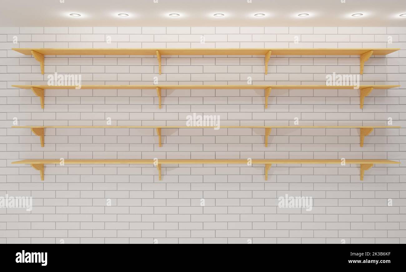 wooden shelf on the white brick wall.3d rendering Stock Photo - Alamy