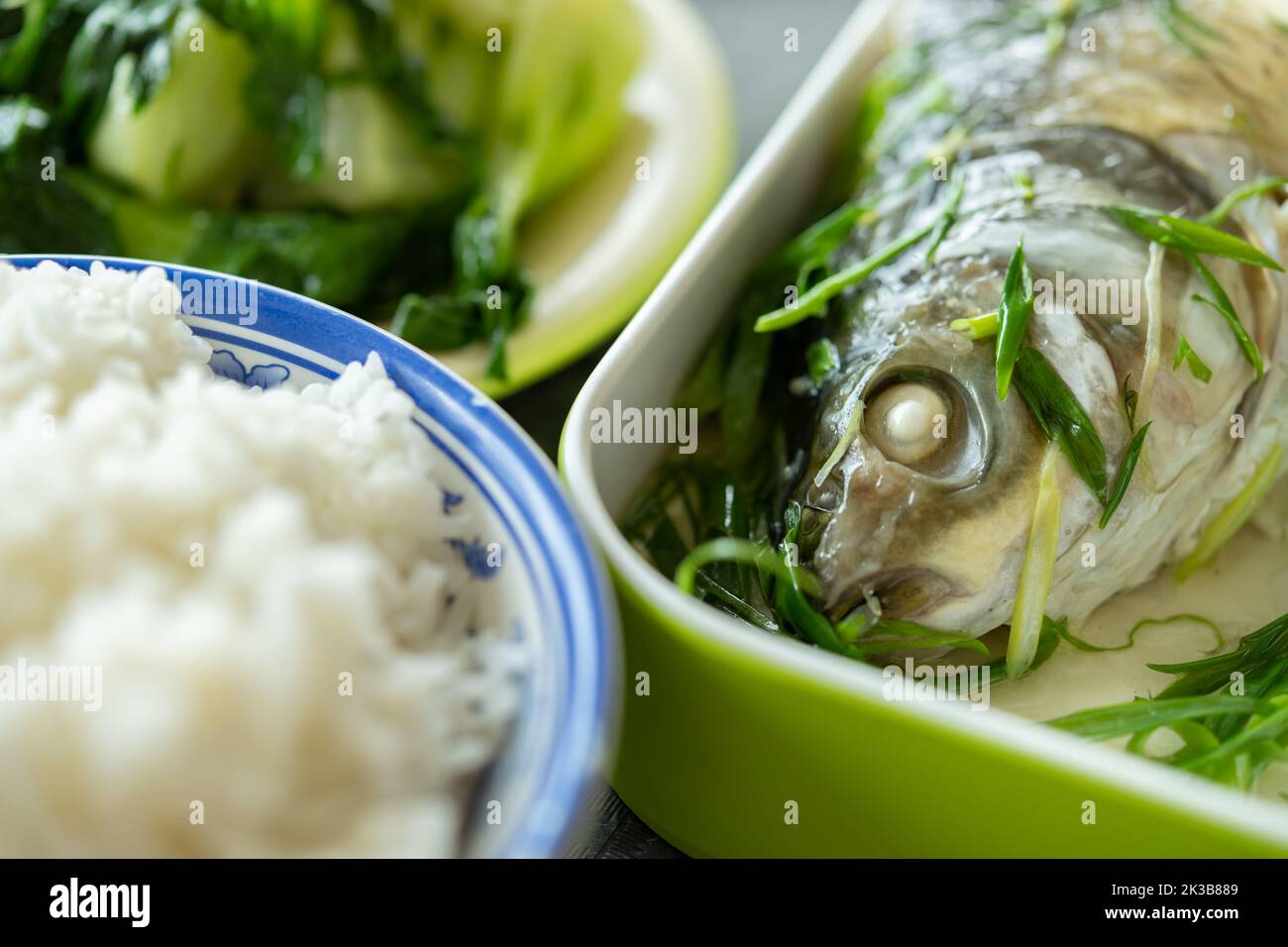 angle view fast food of steamed fish and vegetable and rice at horizontal composition Stock Photo
