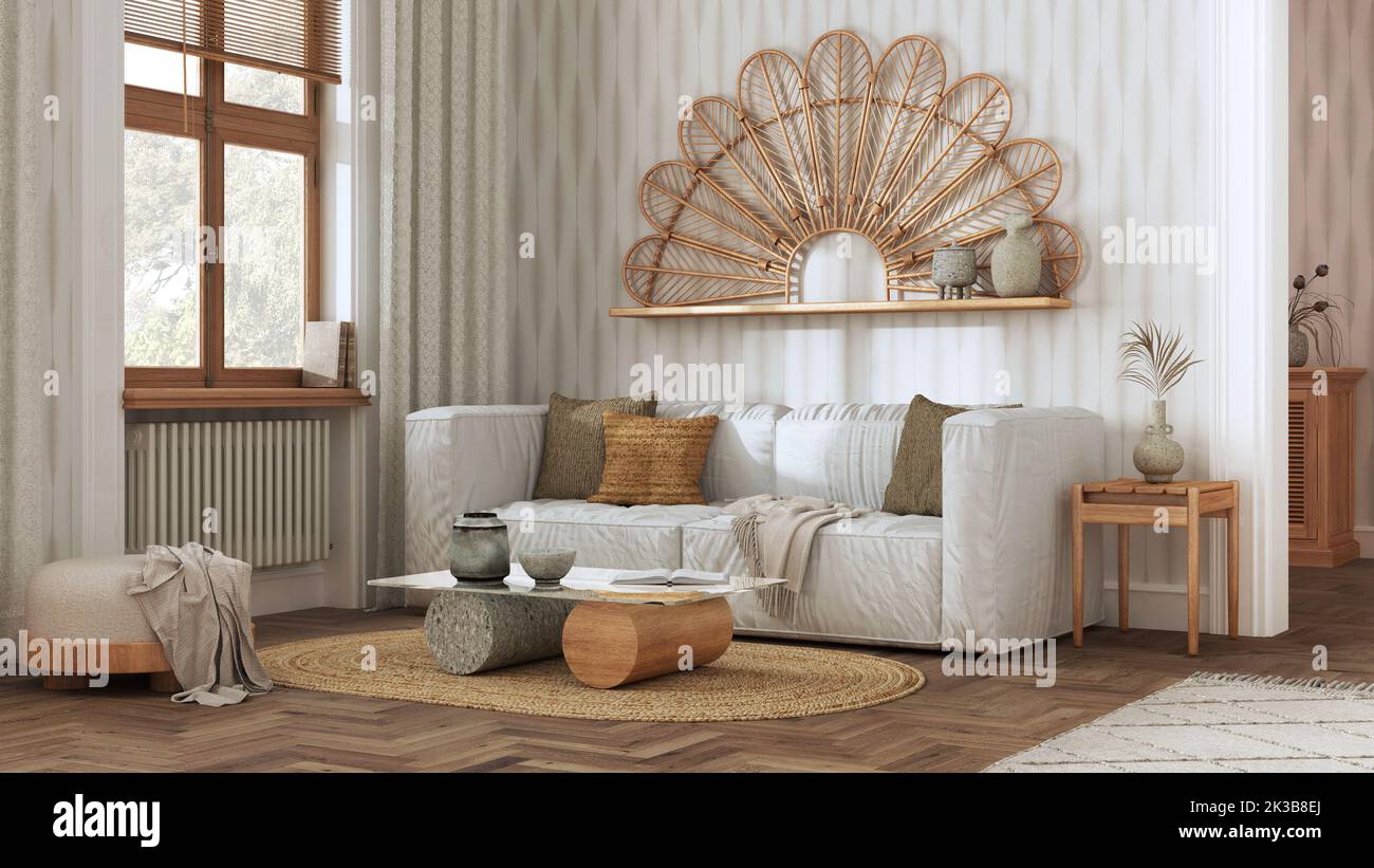 Bohemian wooden living room with wallpaper and herringbone parquet. Sofa, jute carpet and decors in white and beige tones. Boho style interior design Stock Photo
