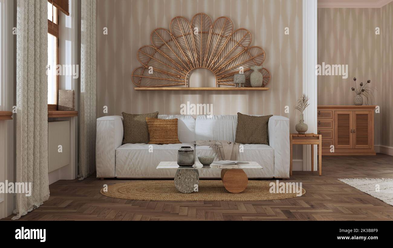 Farmhouse wooden living room with wallpaper and herringbone parquet in white and beige tones. Sofa, jute carpet and decors. Boho style interior design Stock Photo