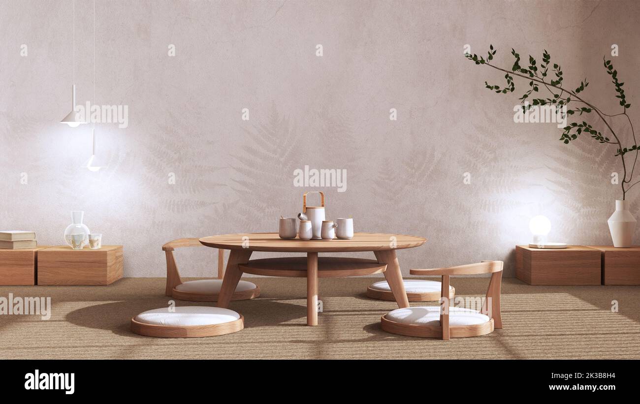 Minimalist Tea ceremony room in white and beige tones, japanese style