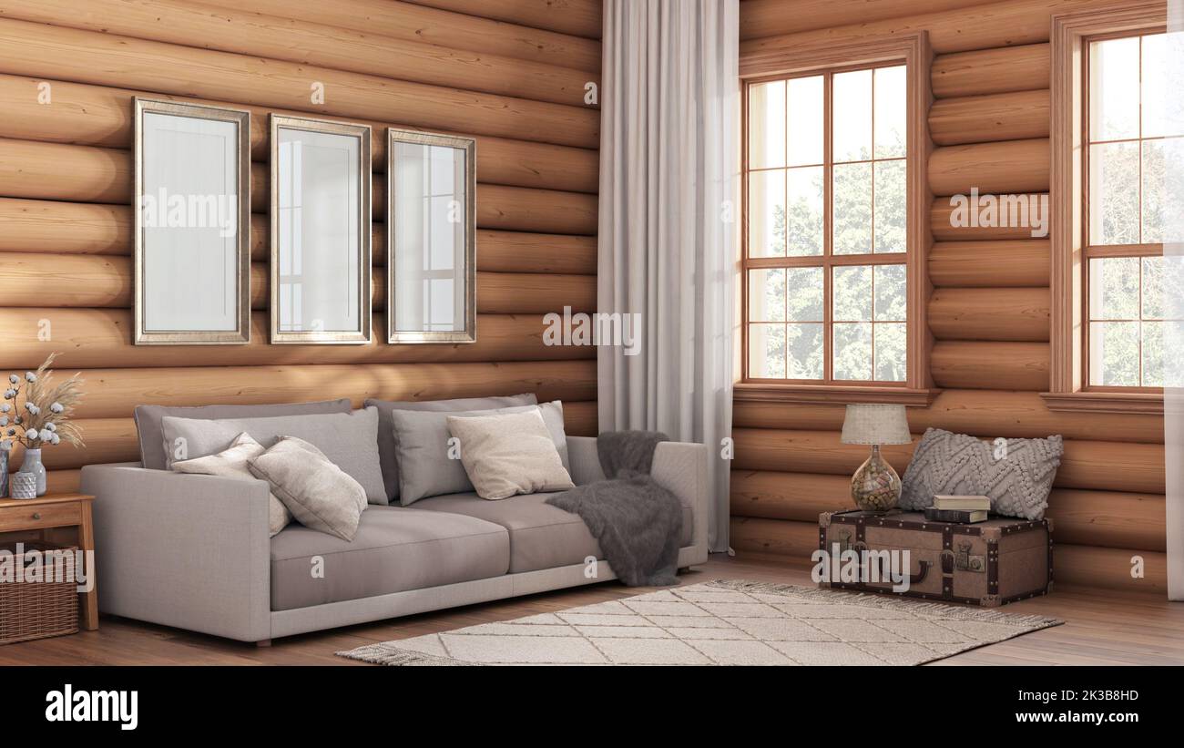 Wooden farmhouse log cabin in white and beige tones. Fabric sofa