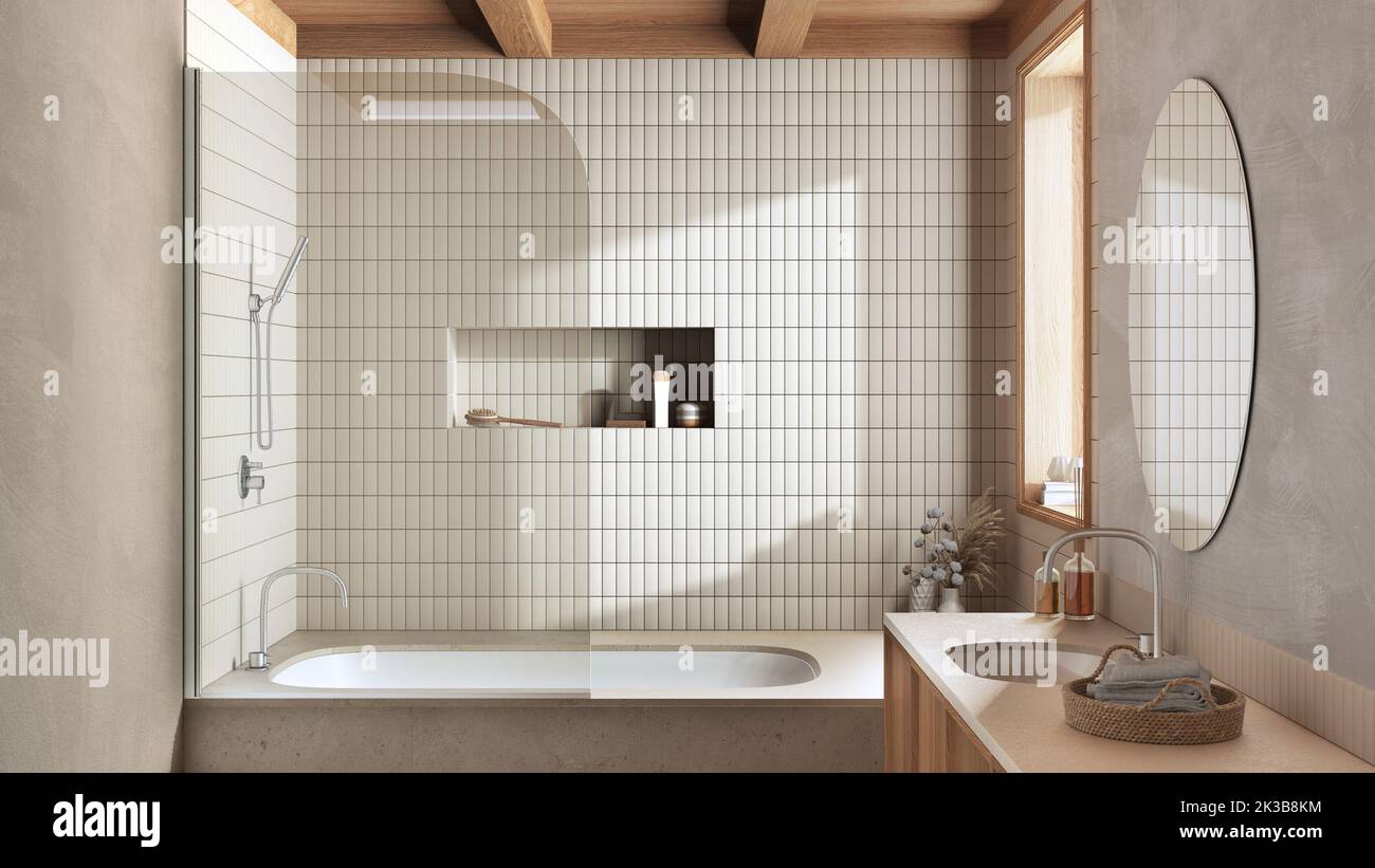 Japandi minimalist bathroom in white and beige tones, Marble bathtub ...