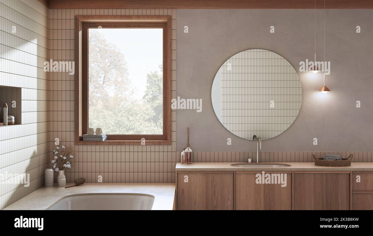 Wabi sabi, japandi bathroom in white and beige tones, Marble bathtub ...