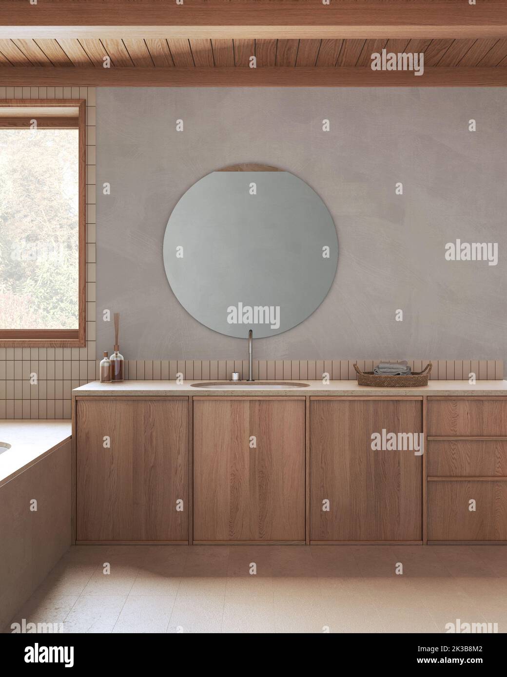 Japandi minimalist bathroom in white and beige tones. Marble and wooden ...
