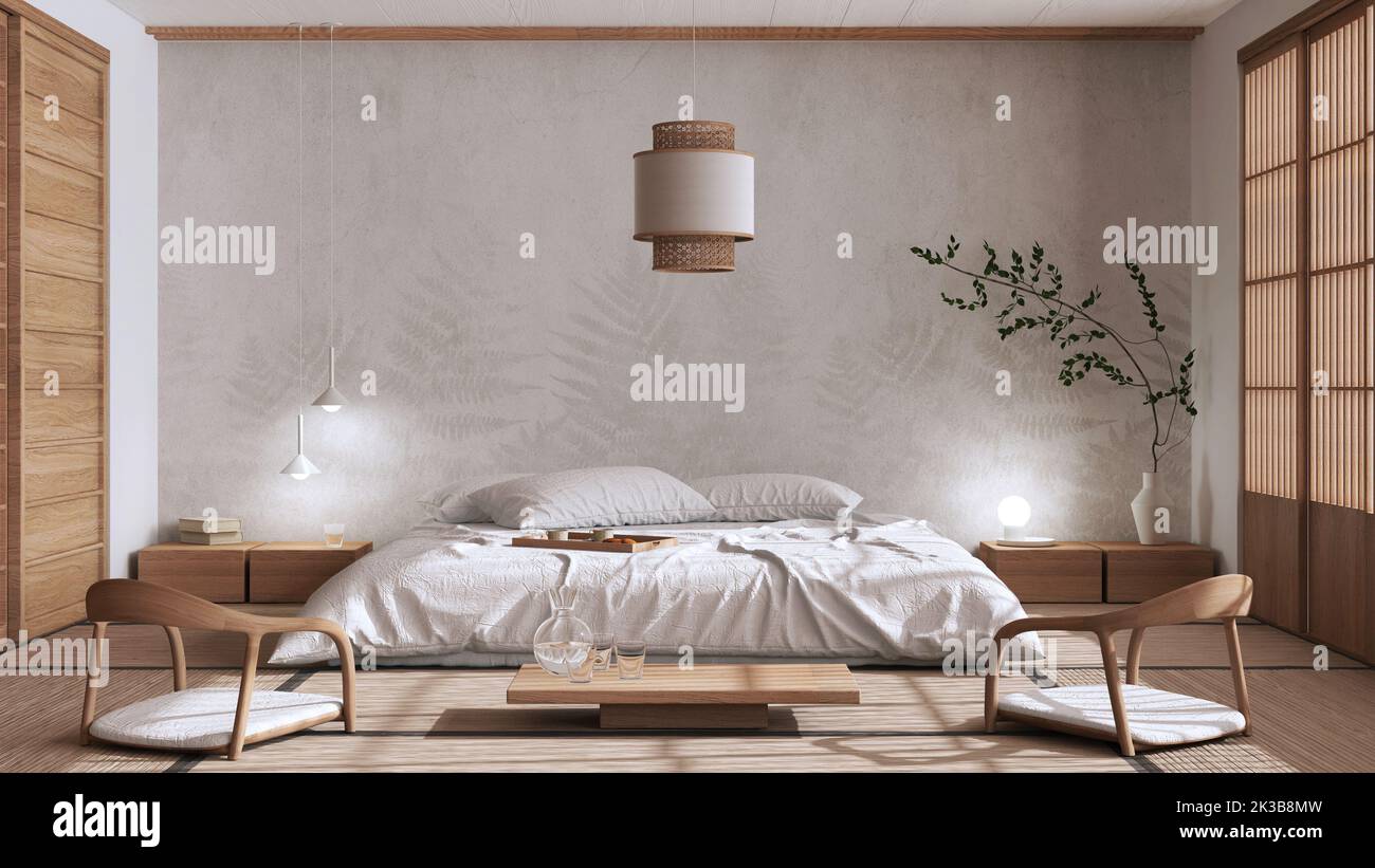 Japandi bedroom in white and beige tones, japanese style. Double bed ...