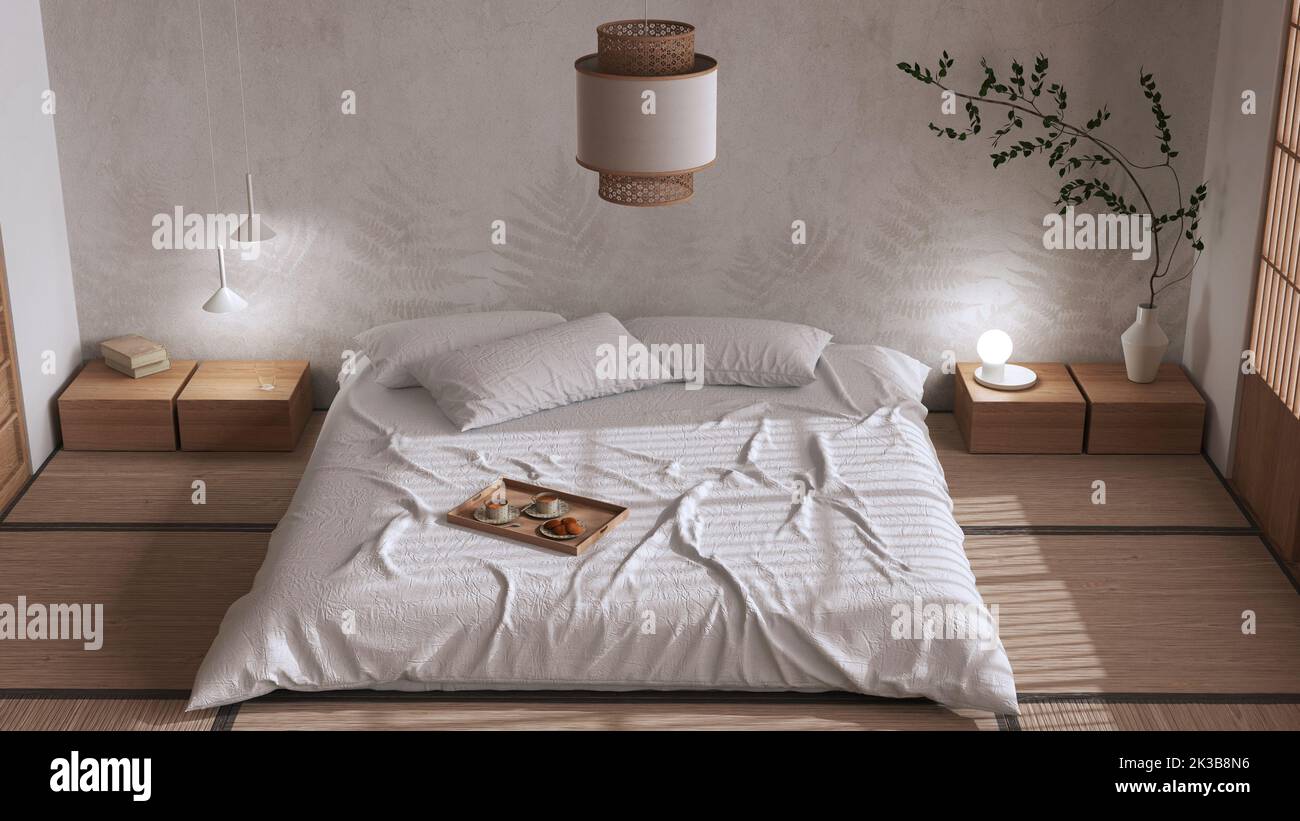 Japandi bedroom in white and beige tones, japanese style. Double bed ...