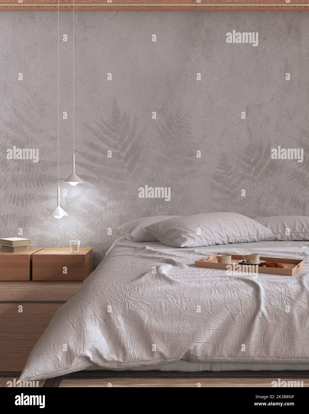 Japandi bedroom mock up in white and beige tones. Bed with pillows ...