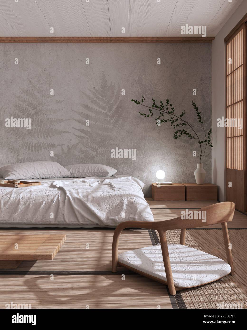 Japandi bedroom mock up in white and beige tones. Bed with pillows ...