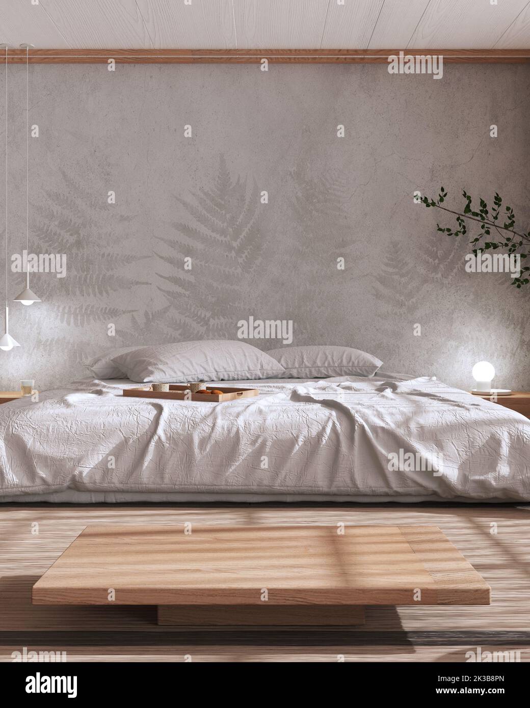 Japandi bedroom mock up in white and beige tones. Bed with pillows ...