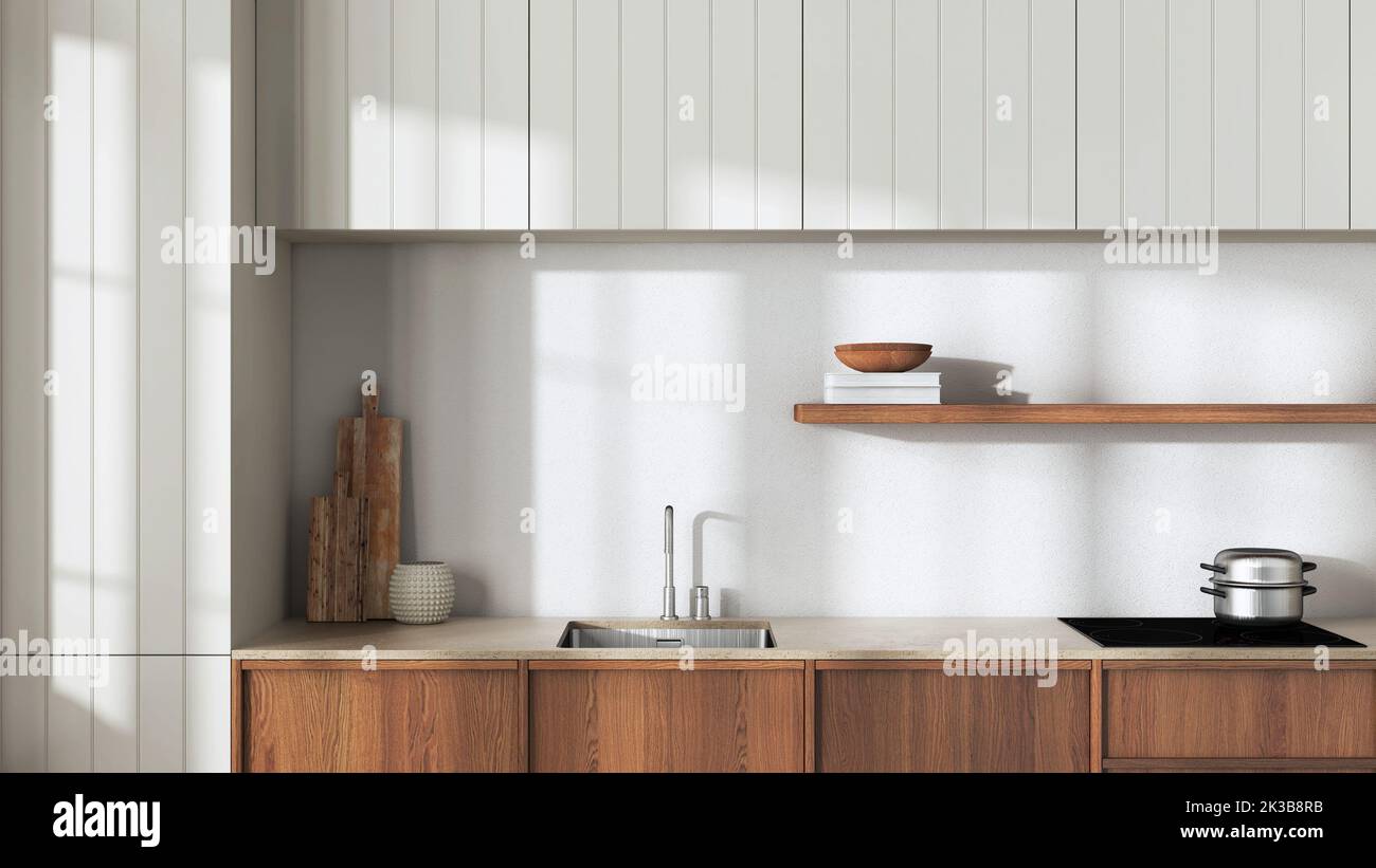 Japandi wooden kitchen close up in white and beige tones. Modern ...