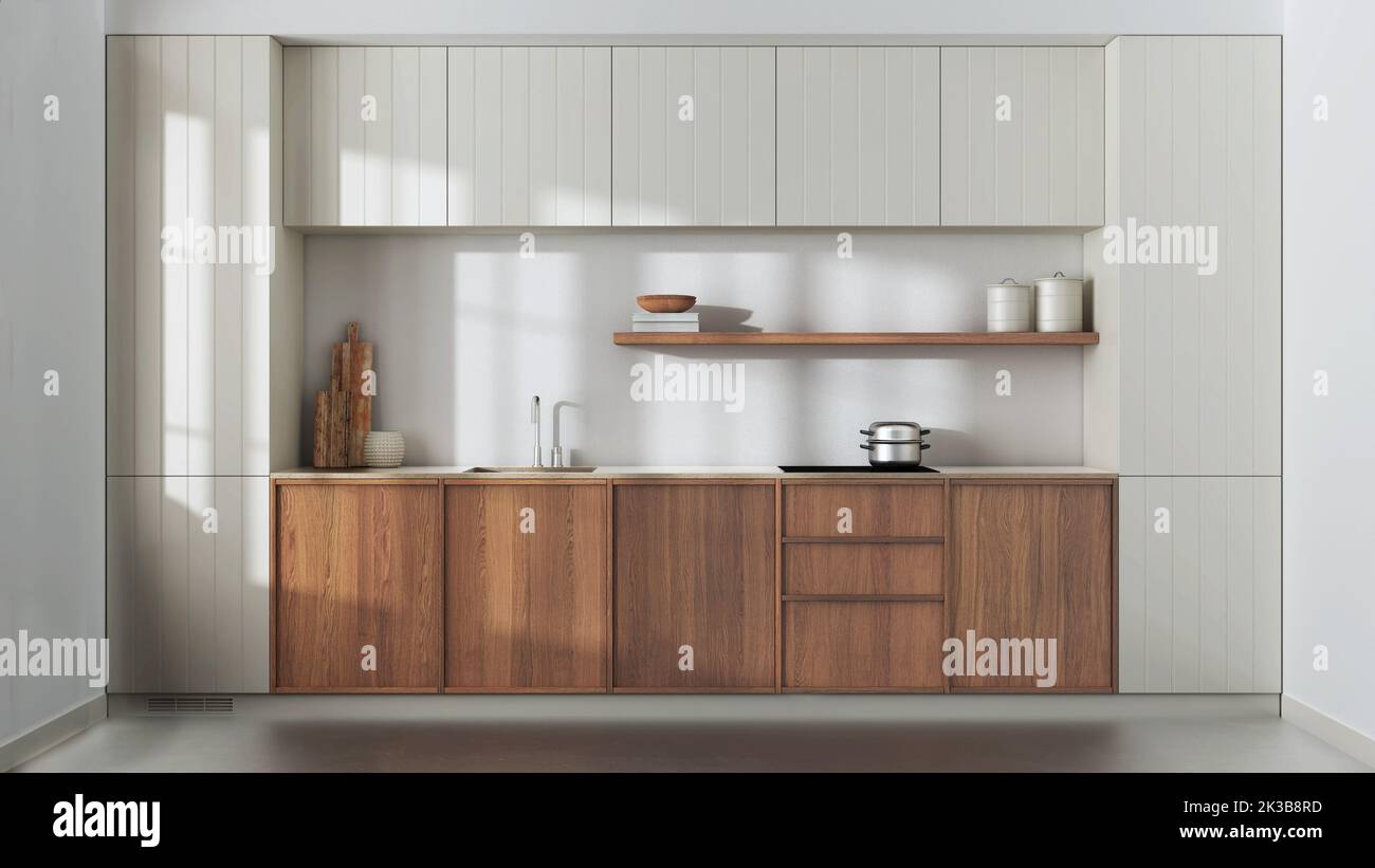 Japandi trendy wooden kitchen in white and beige tones. Modern