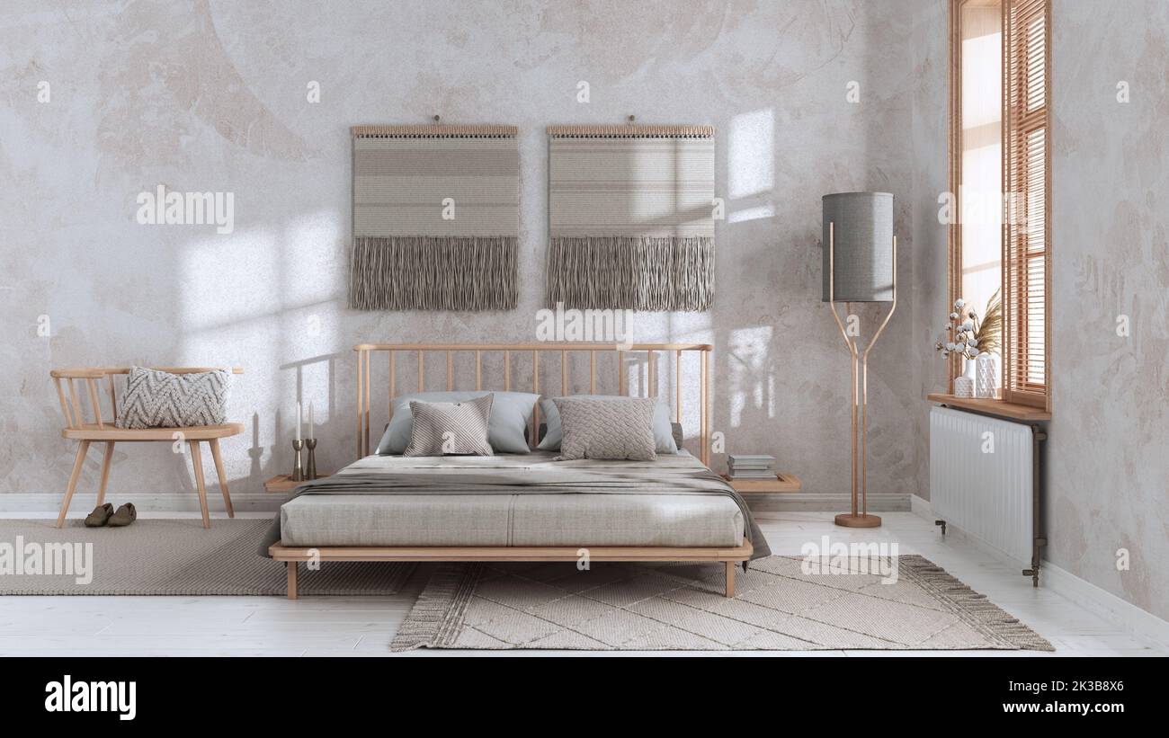Wabi sabi bedroom in white and beige tones with macrame wall art and ...