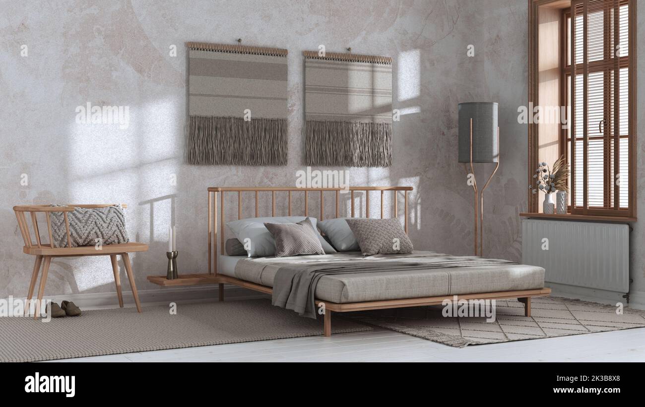Japandi bedroom in white and beige tones with macrame wall art and
