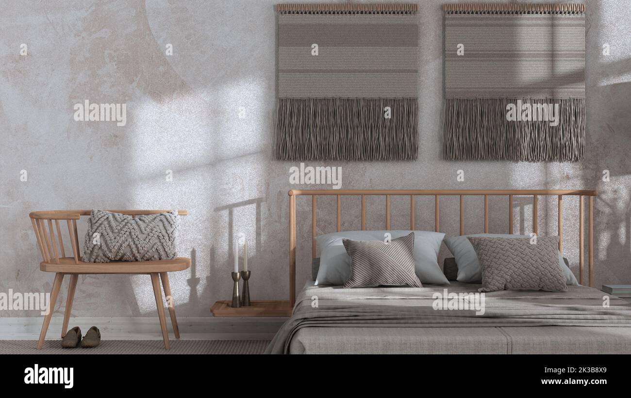 Wabi sabi bedroom in white and beige tones close up with macrame wall ...