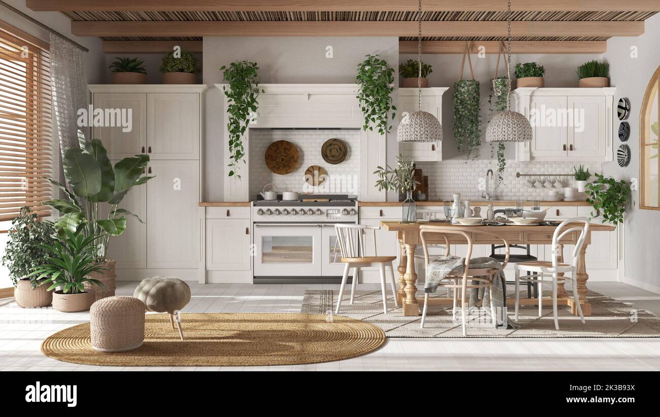 Wooden country kitchen in white and beige tones.Dining table, carpet