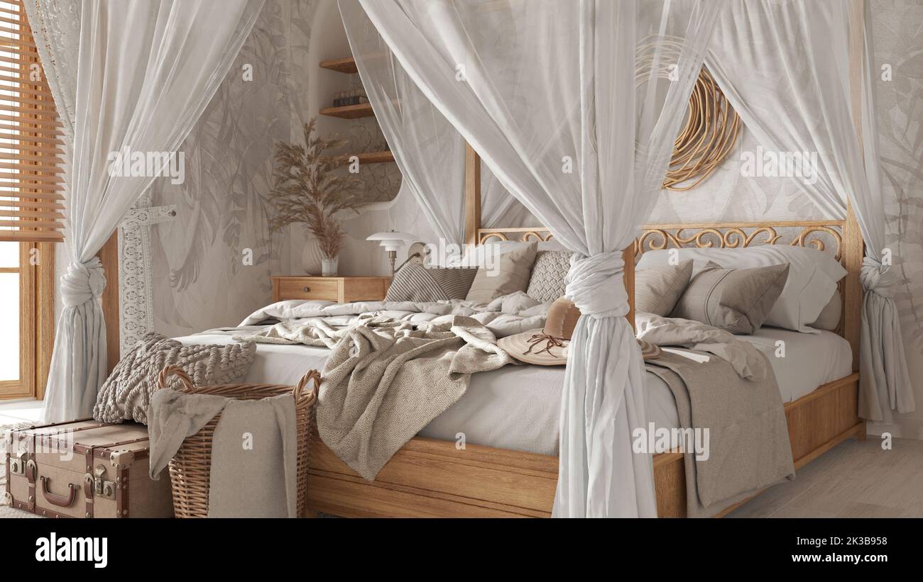 Bedroom close up with canopy bed in white and beige tones. Natural wallpaper. blankets duvet and pillows. Bohemian rattan and wooden furniture. Boho Stock Photo Alamy