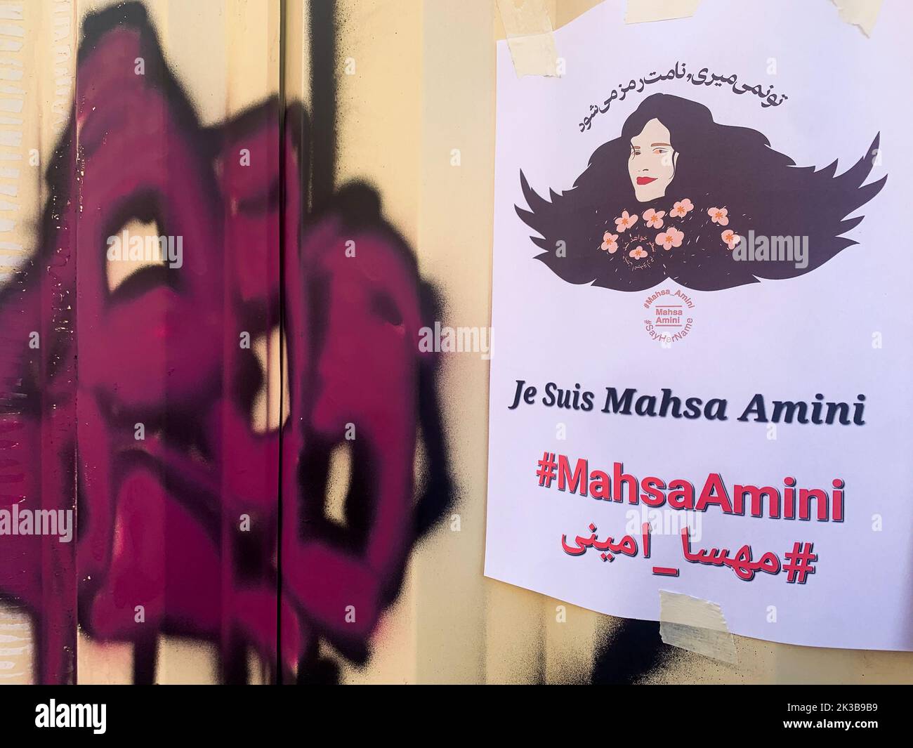 Posters in support to Masha Amini, killed by Iran police, Lyon, France Stock Photo