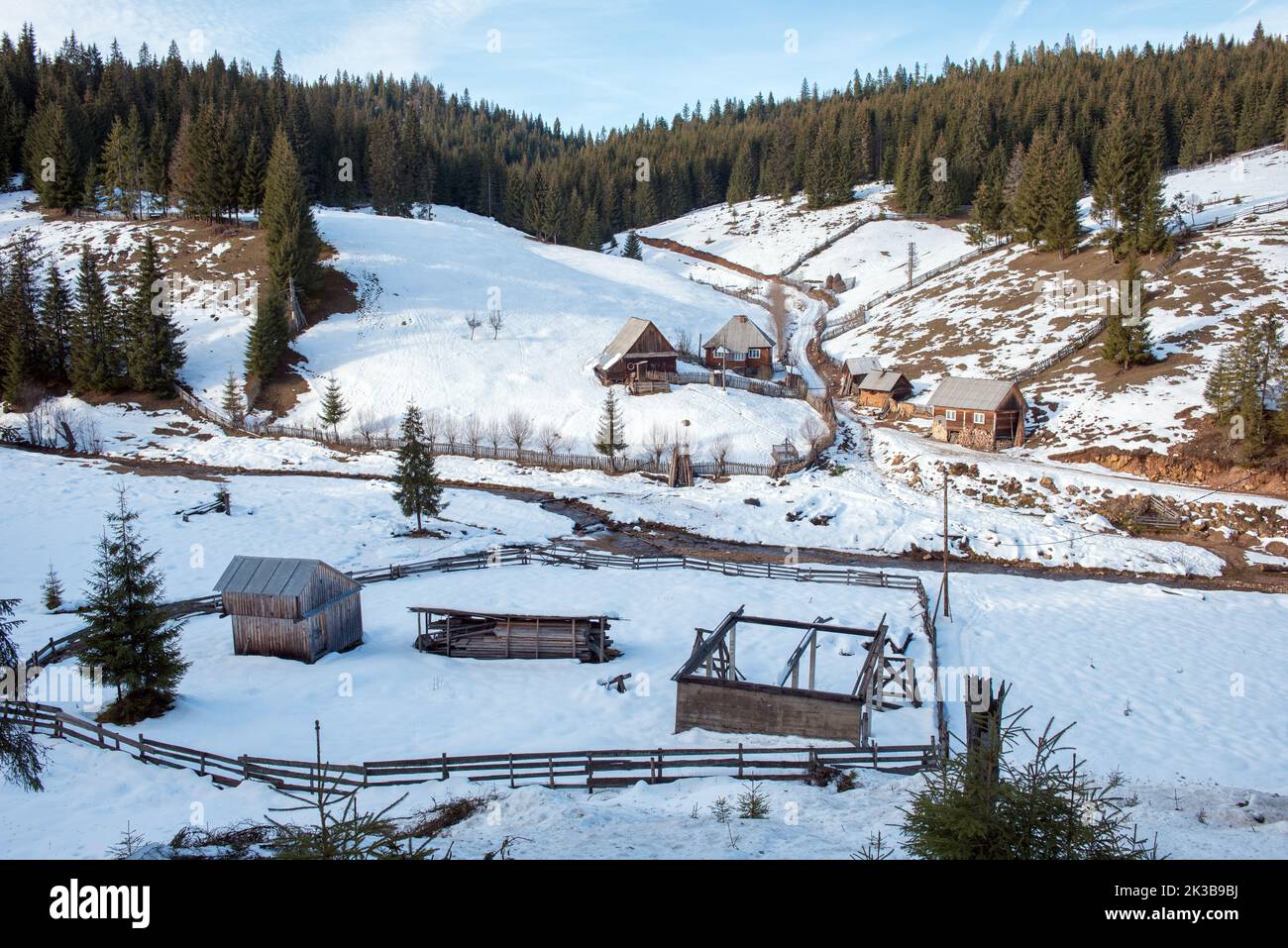 Winter rural countryside scene in Transylvania, Romania Stock Photo