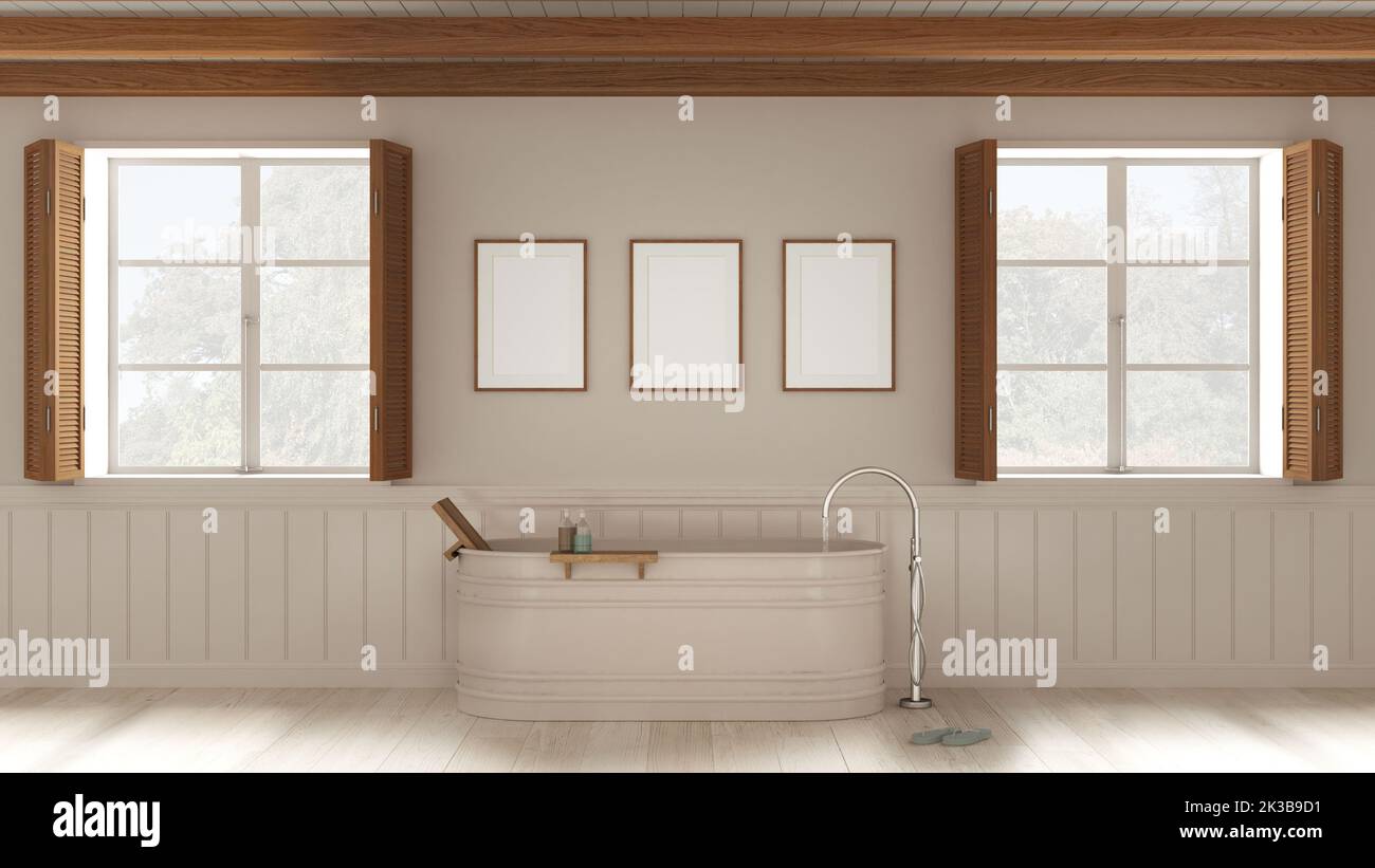 Romantic bathroom background with freestanding bathtub in white tones
