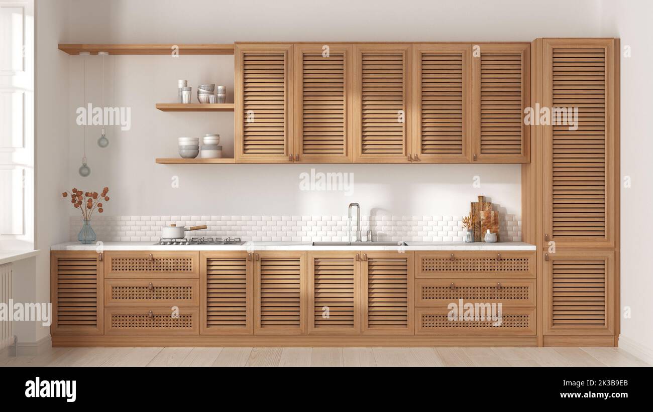 Provencal wooden kitchen in white tones. with shutters and