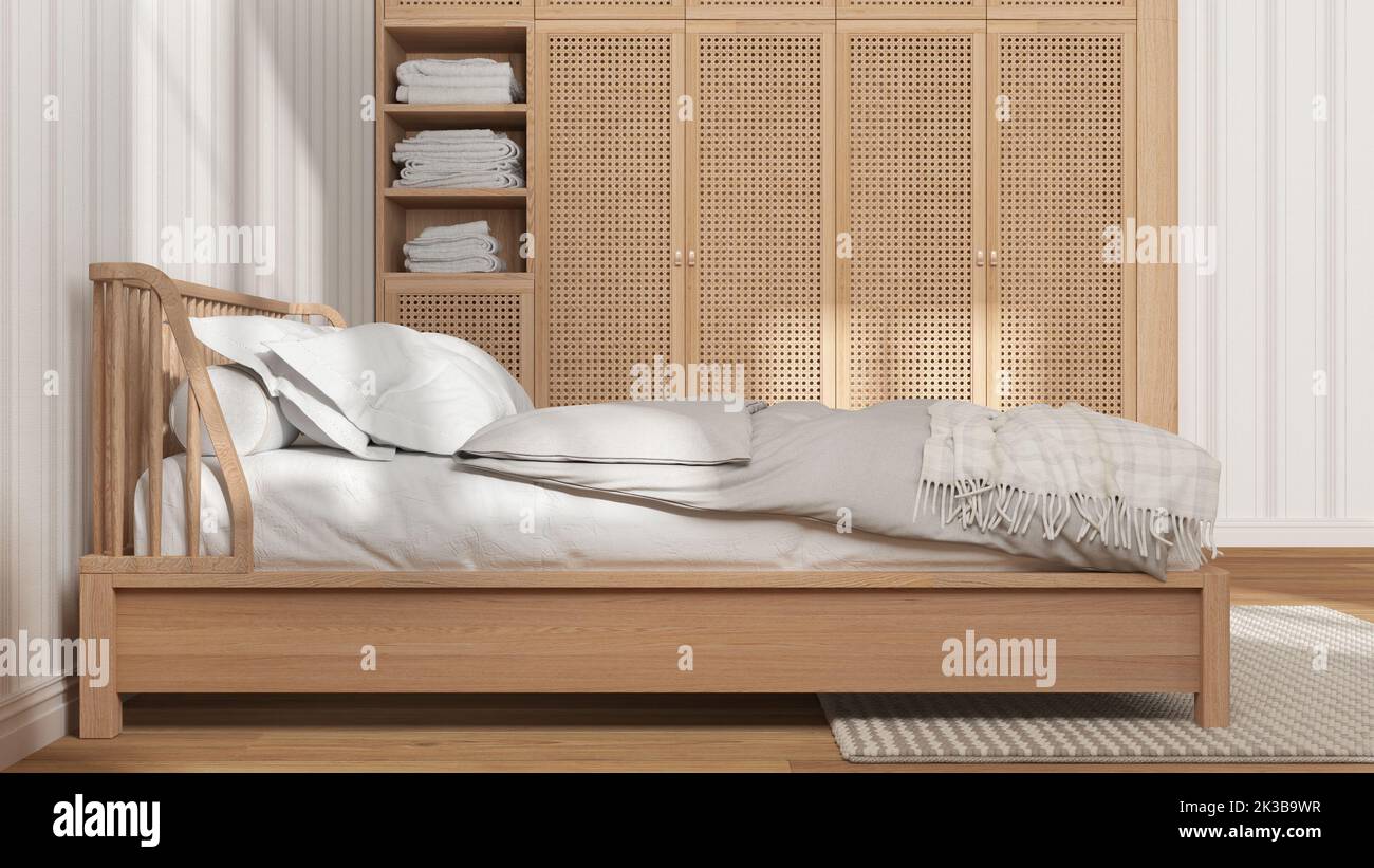 Scandinavian wooden bedroom in white and beige tones, double bed with ...