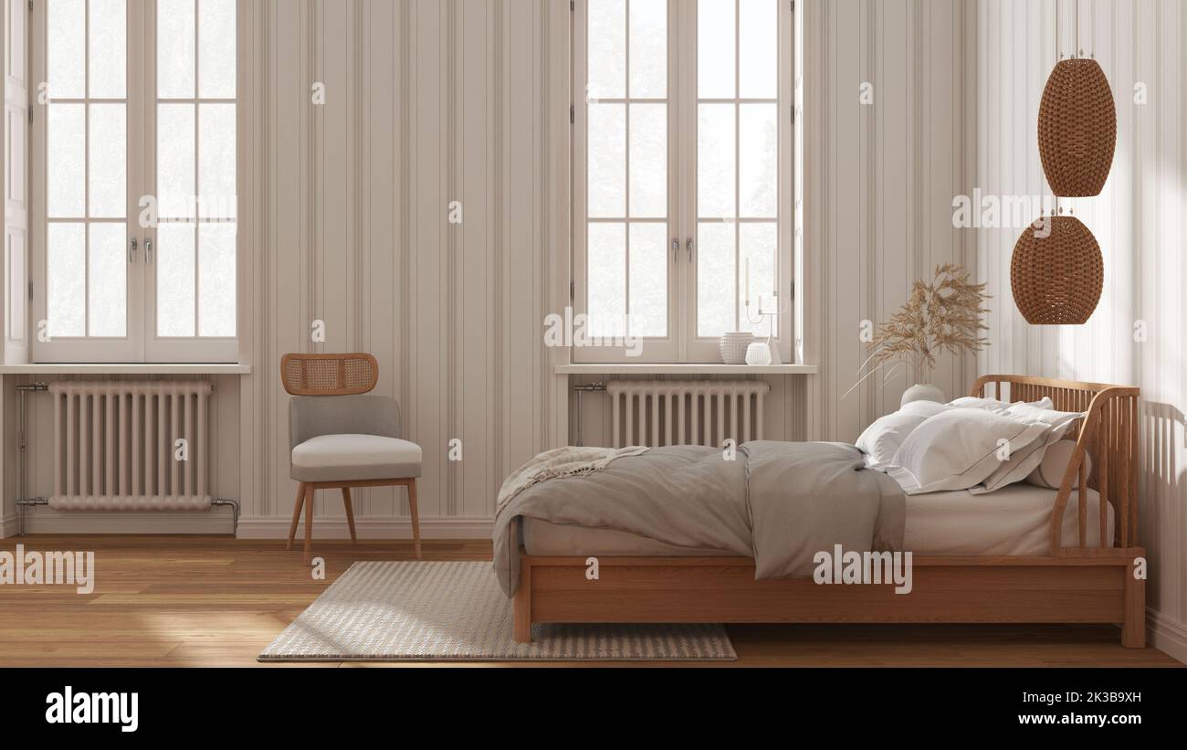 Scandinavian wooden bedroom in white and beige tones, double bed with ...