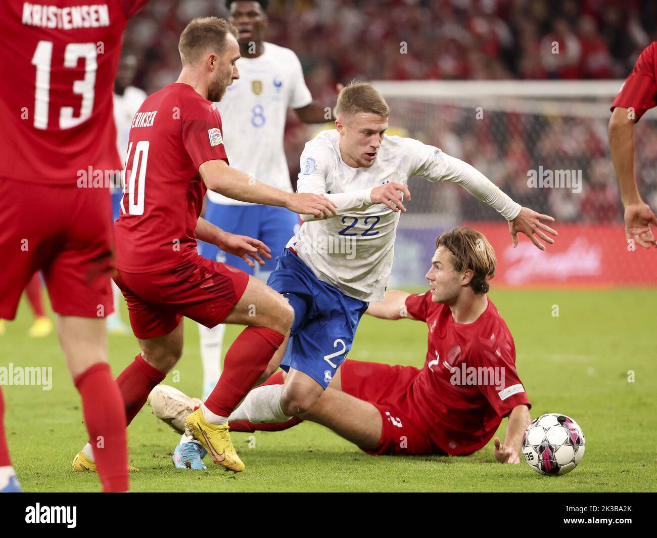 Copenhagen, Denmark. 25th September, 2022. Adrien Truffert of France during the UEFA Nations League, League A - Group 1 football match between Denmark and France on September 25, 2022 at Parken Stadium in Copenhagen, Denmark - Photo: Jean Catuffe/DPPI/LiveMedia Credit: Independent Photo Agency/Alamy Live News Stock Photo