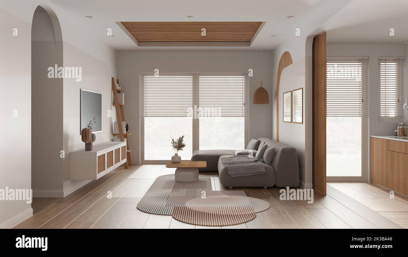 Modern wooden living room in white tones, velvet sofa with carpet and