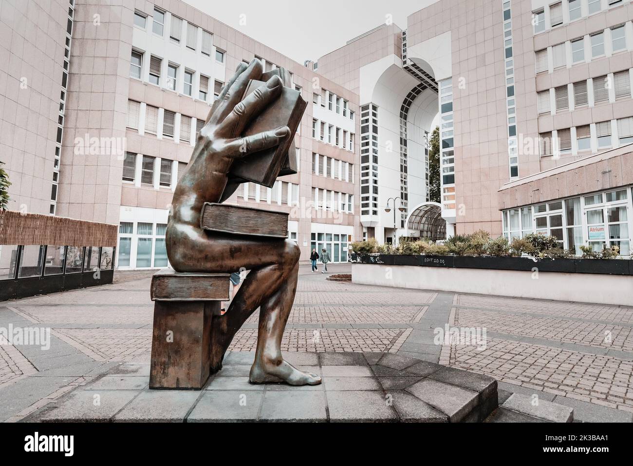 21 July 2022, Dusseldorf, Germany: Monument or sculpture dedicated to books and reading near library Stock Photo