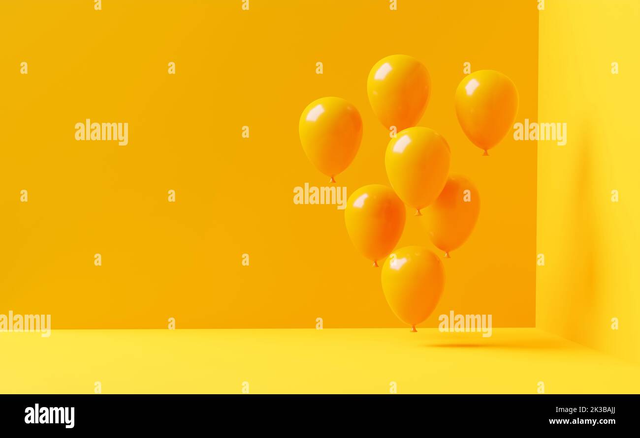 Yellow balloons flying or levitating at the corner of a room. Abstract minimal concept. 3D rendering. Stock Photo