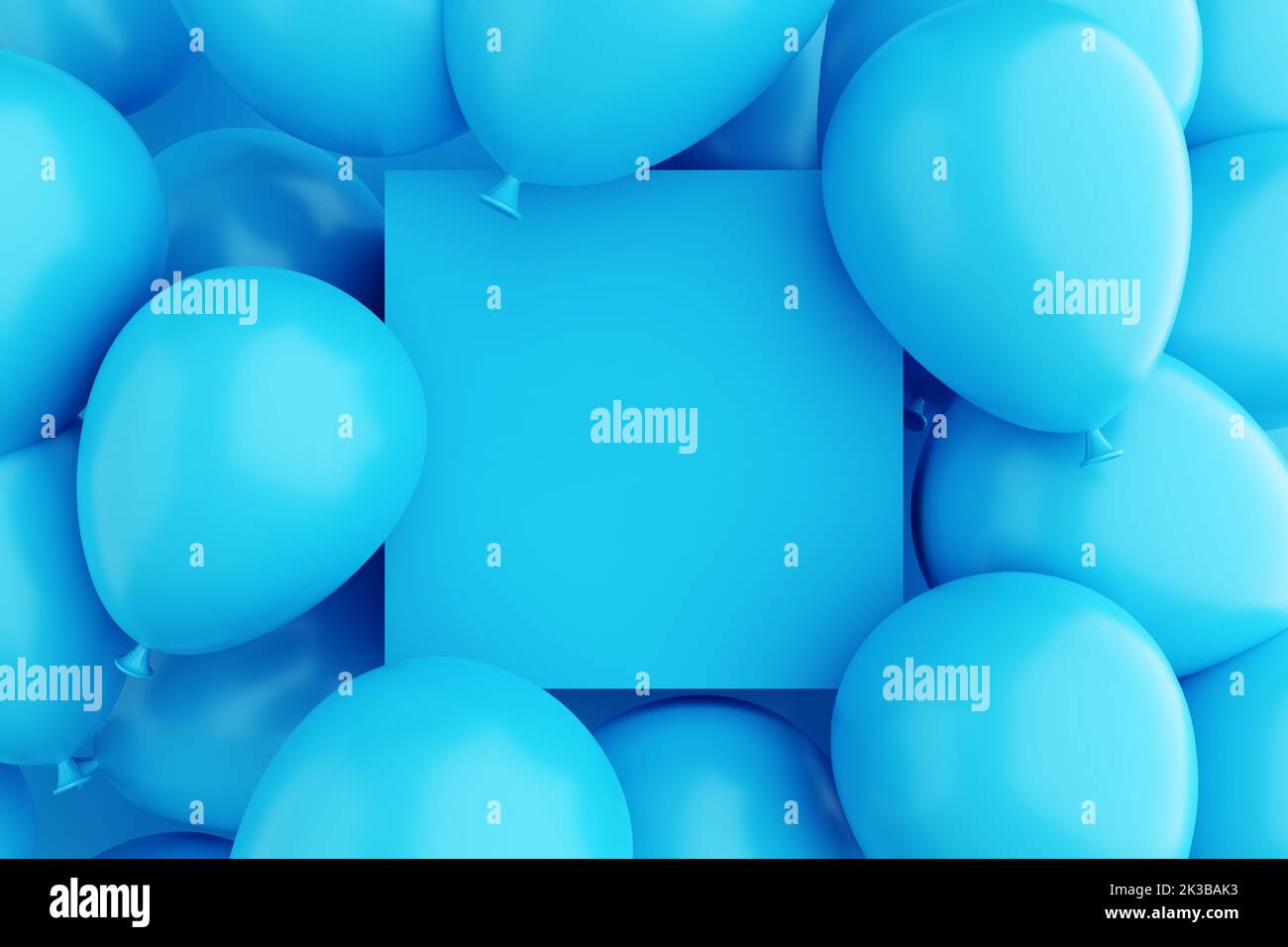 Empty blank blue sign or frame surrounded with blue air balloons. Background or mockup for celebrations, party, greetings and invitations. 3D renderin Stock Photo