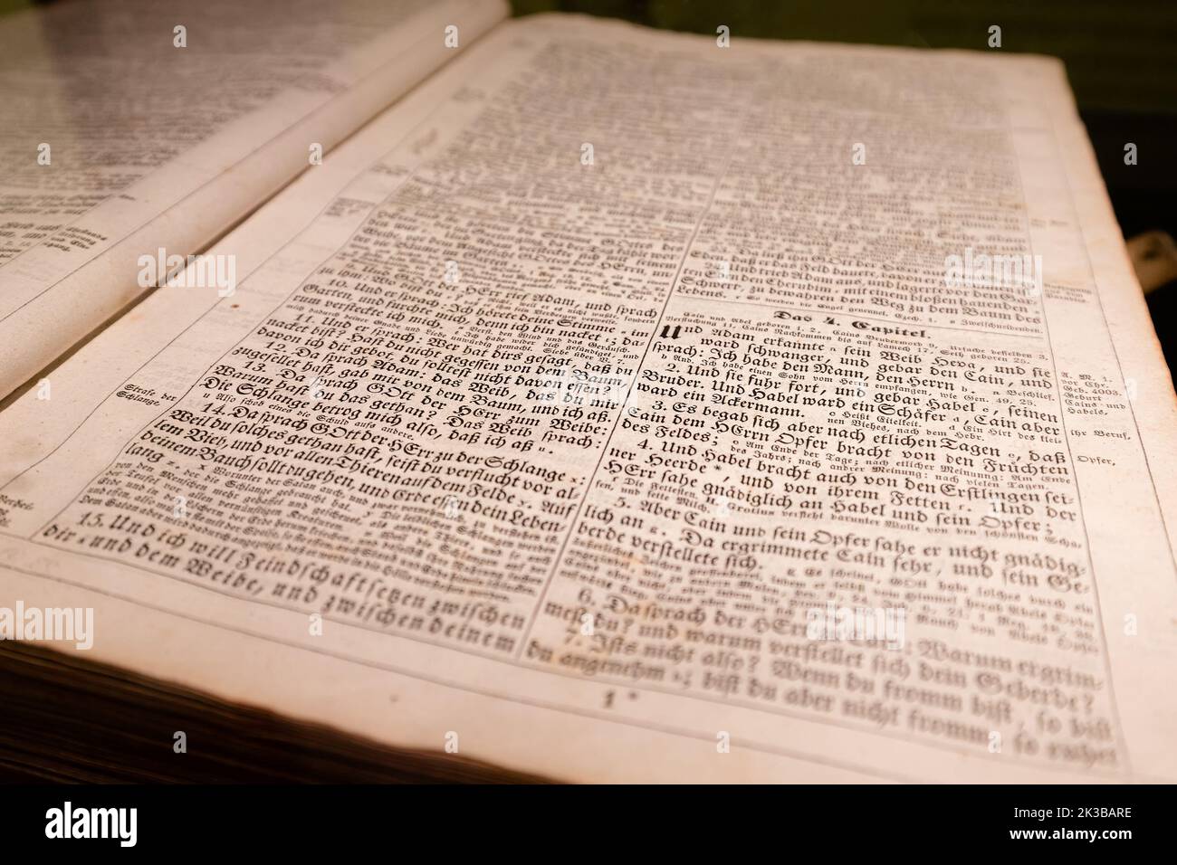 22 July 2022, Neanderthal museum, Germany: An ancient copy of the book of the Bible with German text Stock Photo