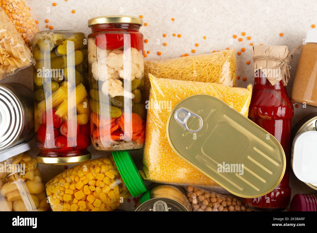Emergency groceries food background with copyspace Stock Photo