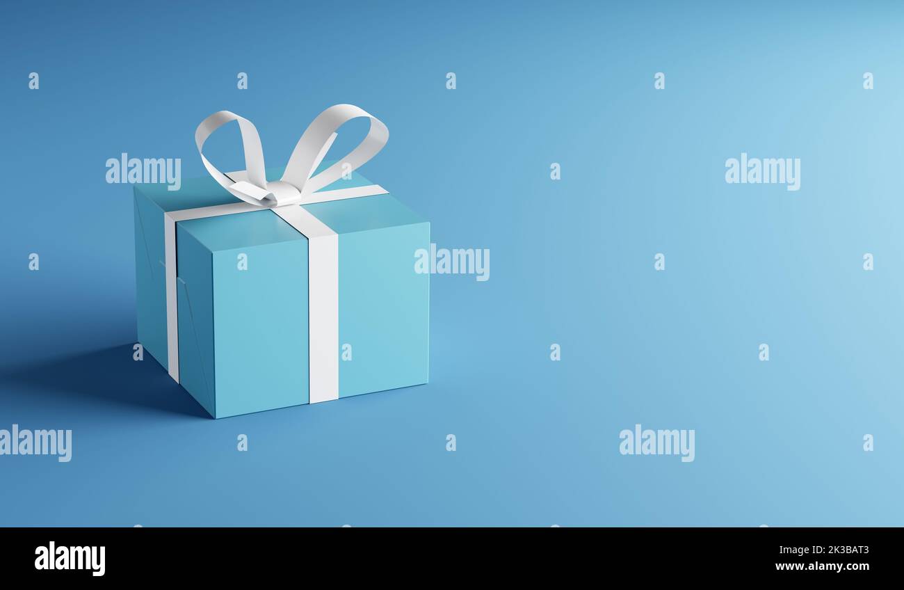 Blue gift box with white ribbon on blue background with copy space. 3D rendering. Stock Photo