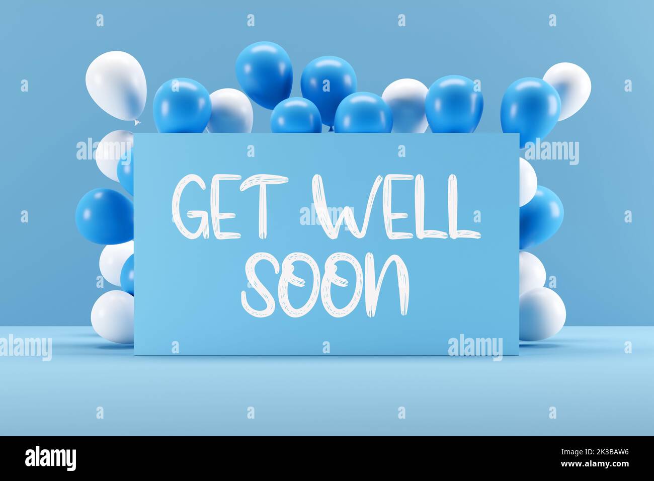 Blue sign with the message GET WELL SOON framed with balloons. Sickness recovery wish greeting message card. 3D rendering. Stock Photo