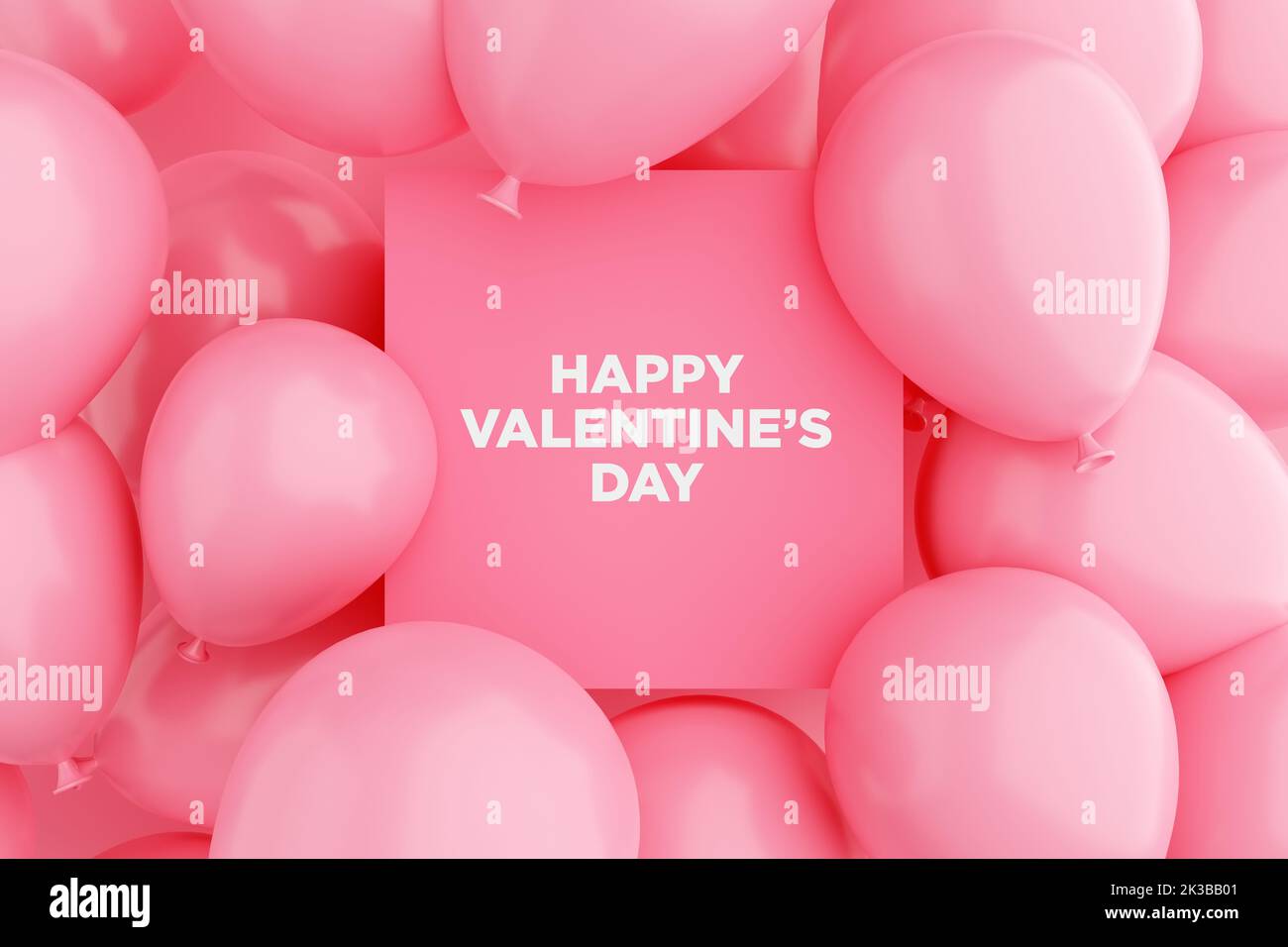 Pink sign frame with the message HAPPY VALENTINE'S DAY surrounded with pink air balloons. Happy valentines day greeting celebration concept. 3D render Stock Photo