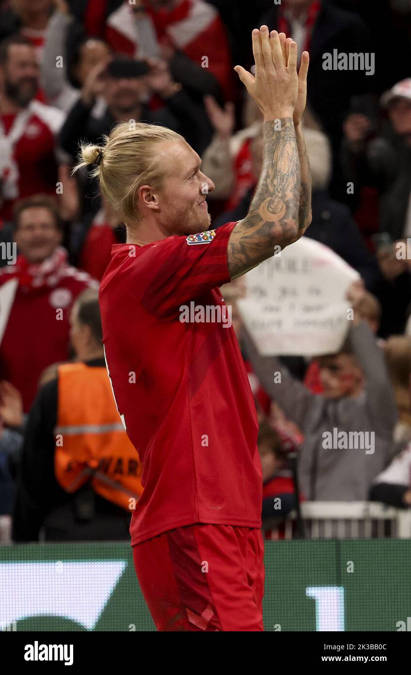 Copenhagen, Denmark. 25th September, 2022. Simon Kjaer of Denmark celebrates the victory with fans following the UEFA Nations League, League A - Group 1 football match between Denmark and France on September 25, 2022 at Parken Stadium in Copenhagen, Denmark - Photo: Jean Catuffe/DPPI/LiveMedia Credit: Independent Photo Agency/Alamy Live News Stock Photo