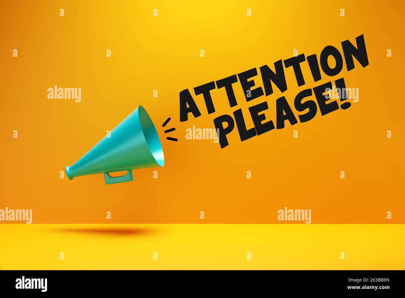 Megaphone with the word attention please. Announcement message. 3D rendering. Stock Photo