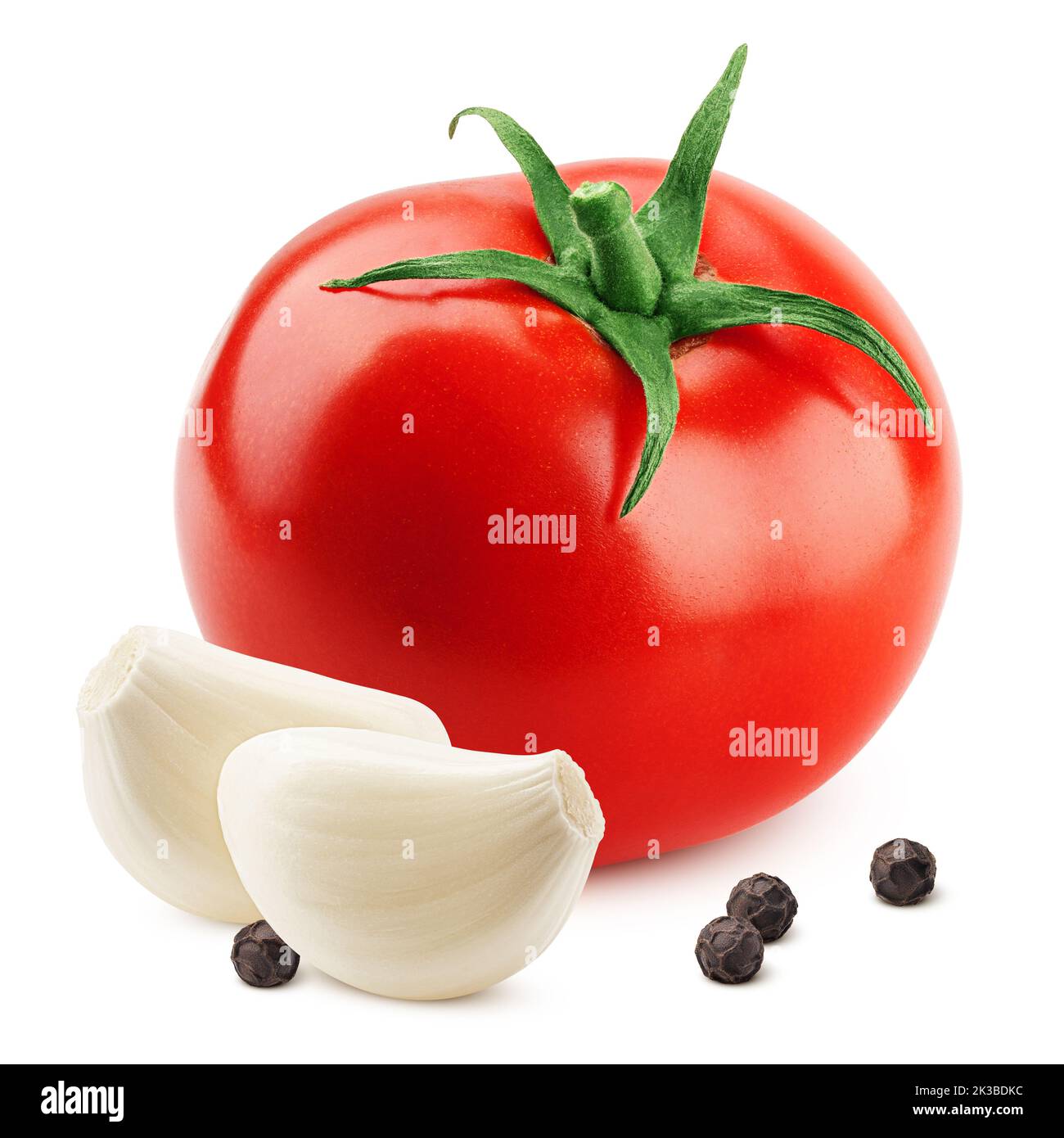 tomato, garlic, black peppercorn isolated on white background, clipping path, full depth of field Stock Photo