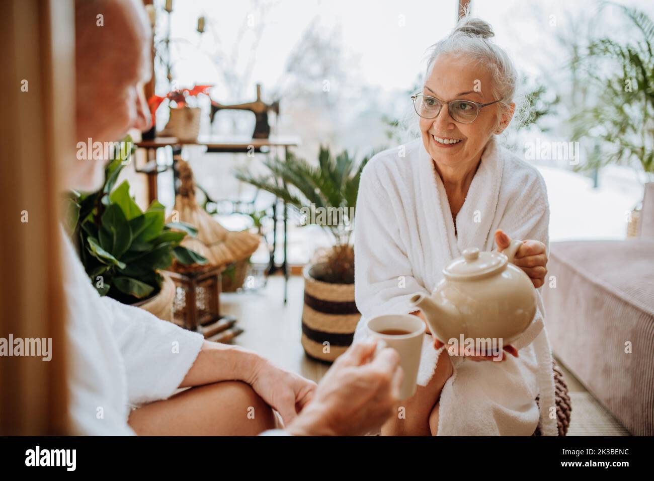 Senior couple in bathrobes enjoying time together in their living room, drinking hot tea, calm and hygge atmosphere. Stock Photo