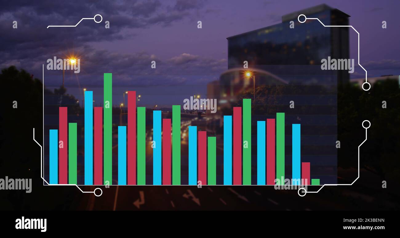 Image of data processing over cityscape Stock Photo
