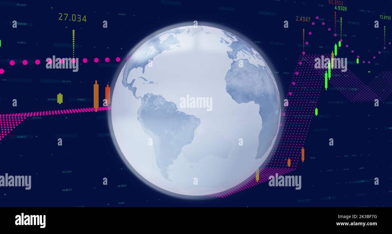 Image of earth revolving while graphical business data in background Stock Photo