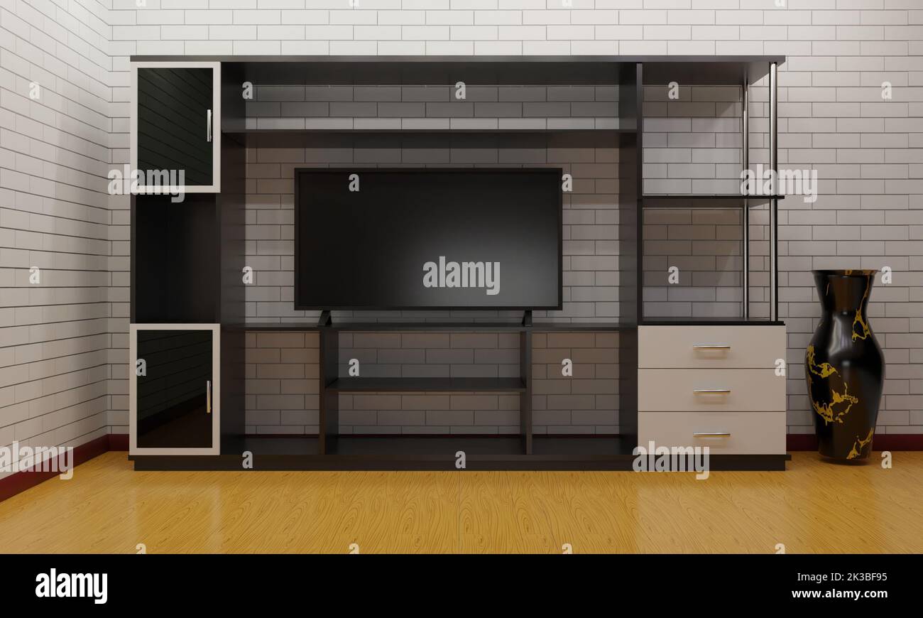 lcd tv on showcase and cabinet in the livingroom.3d rendering. Stock Photo