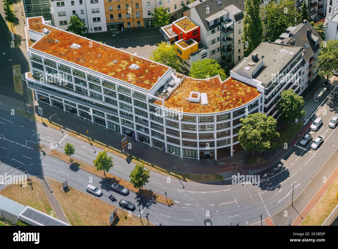 23 July 2022, Dusseldorf, Germany: Aerial view of city street with