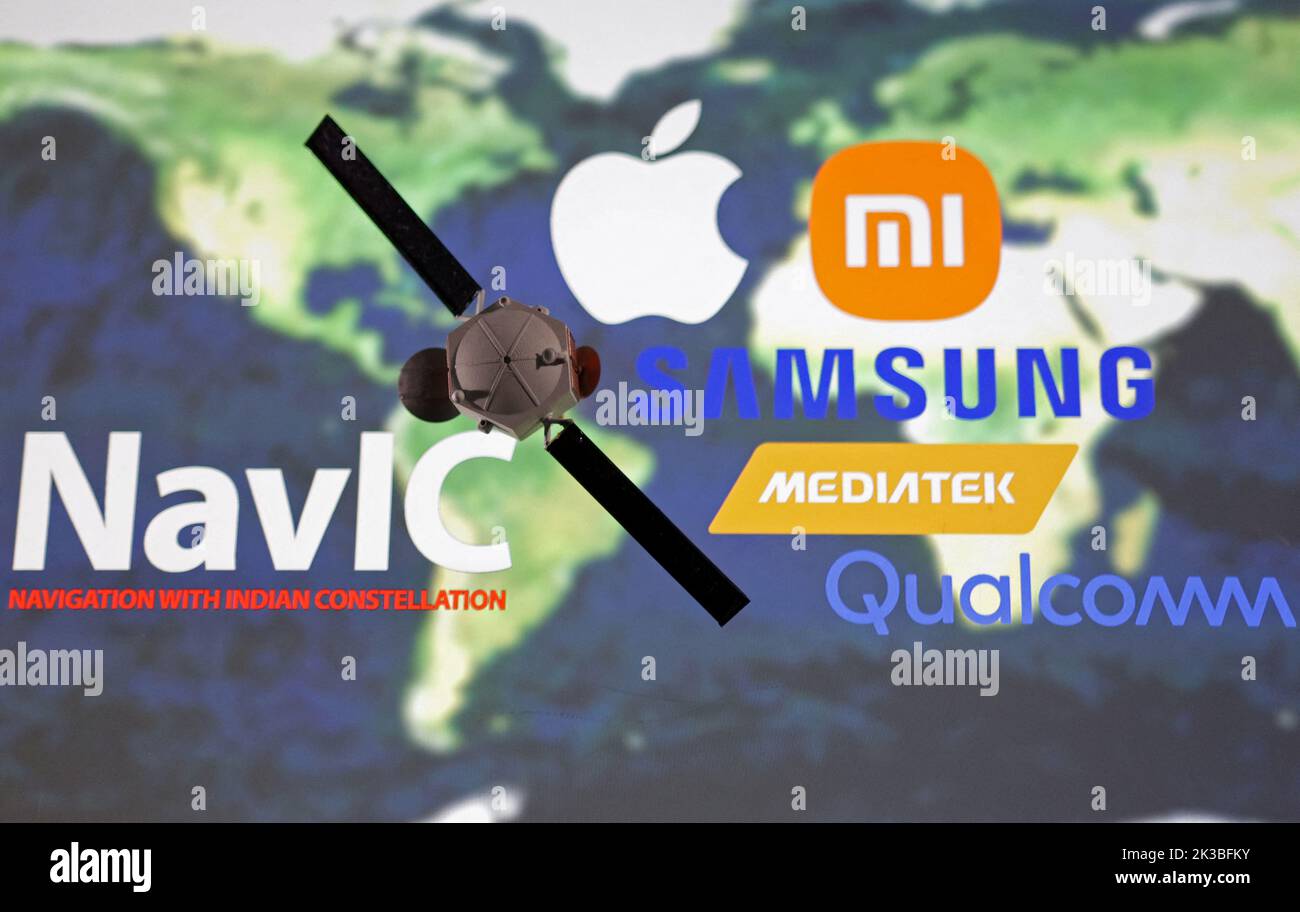 Illustration shows NavIC (Navigation with Indian Constellation), Apple, Xiaomi, Samsung, Mediatek and Qualcomm logos are seen near Satellite model placed on the map in this illustration taken, September 25, 2022. REUTERS/Dado Ruvic/Illustration Stock Photo