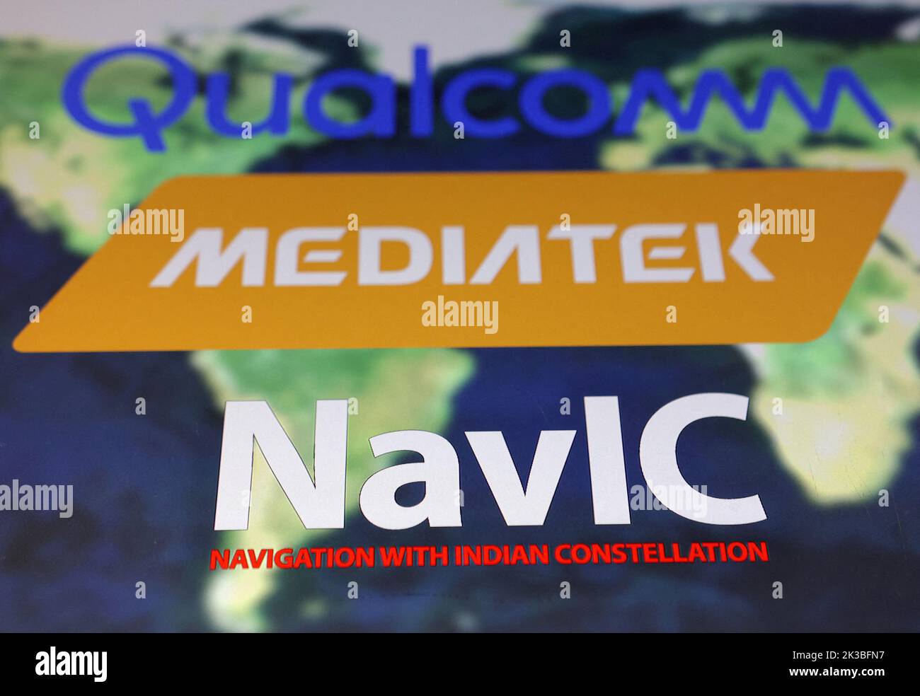 Illustration shows NavIC (Navigation with Indian Constellation), Apple, Xiaomi, Samsung, Mediatek and Qualcomm logos are seen in this illustration taken, September 25, 2022. REUTERS/Dado Ruvic/Illustration Stock Photo