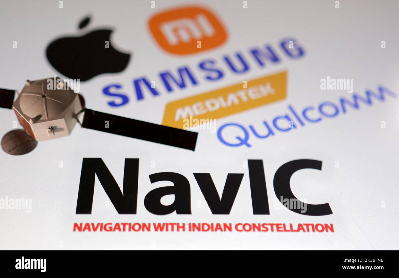 Illustration shows NavIC (Navigation with Indian Constellation), Apple, Xiaomi, Samsung, Mediatek and Qualcomm logos are seen in this illustration taken, September 25, 2022. REUTERS/Dado Ruvic/Illustration Stock Photo